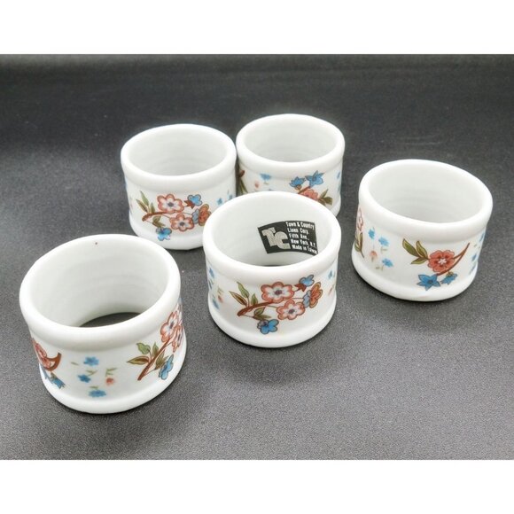 Set of 5 Town and Country Linen Corp Porcelain Floral Napkin Rings Fifth Ave. NY - Picture 1 of 12